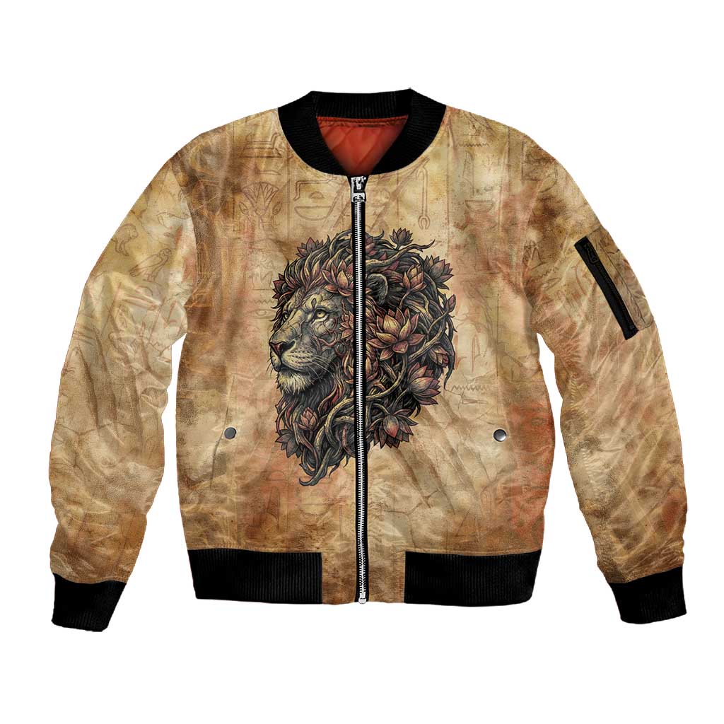 Nefertem Ancient Egyptian Sleeve Zip Bomber Jacket Lion Head Lotus Flowers Incense Smoke Ancient