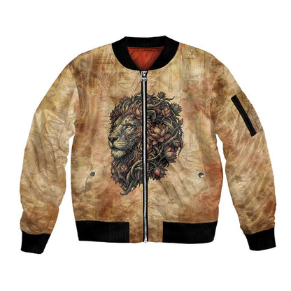 Nefertem Ancient Egyptian Sleeve Zip Bomber Jacket Lion Head Lotus Flowers Incense Smoke Ancient