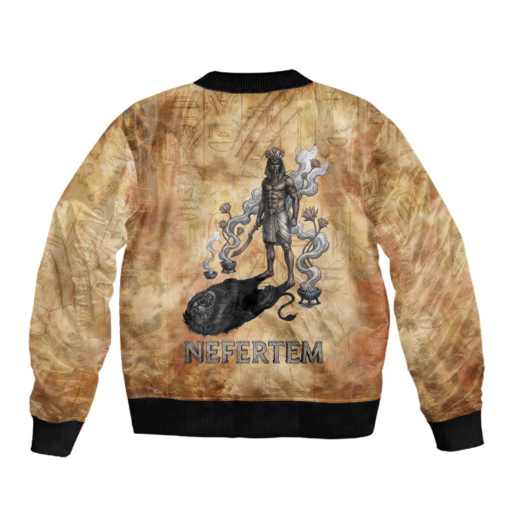 Nefertem Ancient Egyptian Sleeve Zip Bomber Jacket Lion Head Lotus Flowers Incense Smoke Ancient