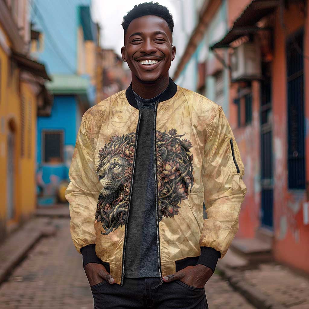 Nefertem Ancient Egyptian Sleeve Zip Bomber Jacket Lion Head Lotus Flowers Incense Smoke Ancient