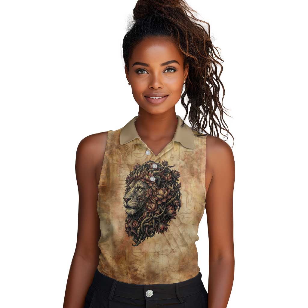 Nefertem Ancient Egyptian Women Sleeveless Polo Shirt Lion Head Lotus Flowers Incense Smoke Ancient