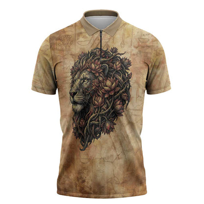 Nefertem Ancient Egyptian Zipper Polo Shirt Lion Head Lotus Flowers Incense Smoke Ancient