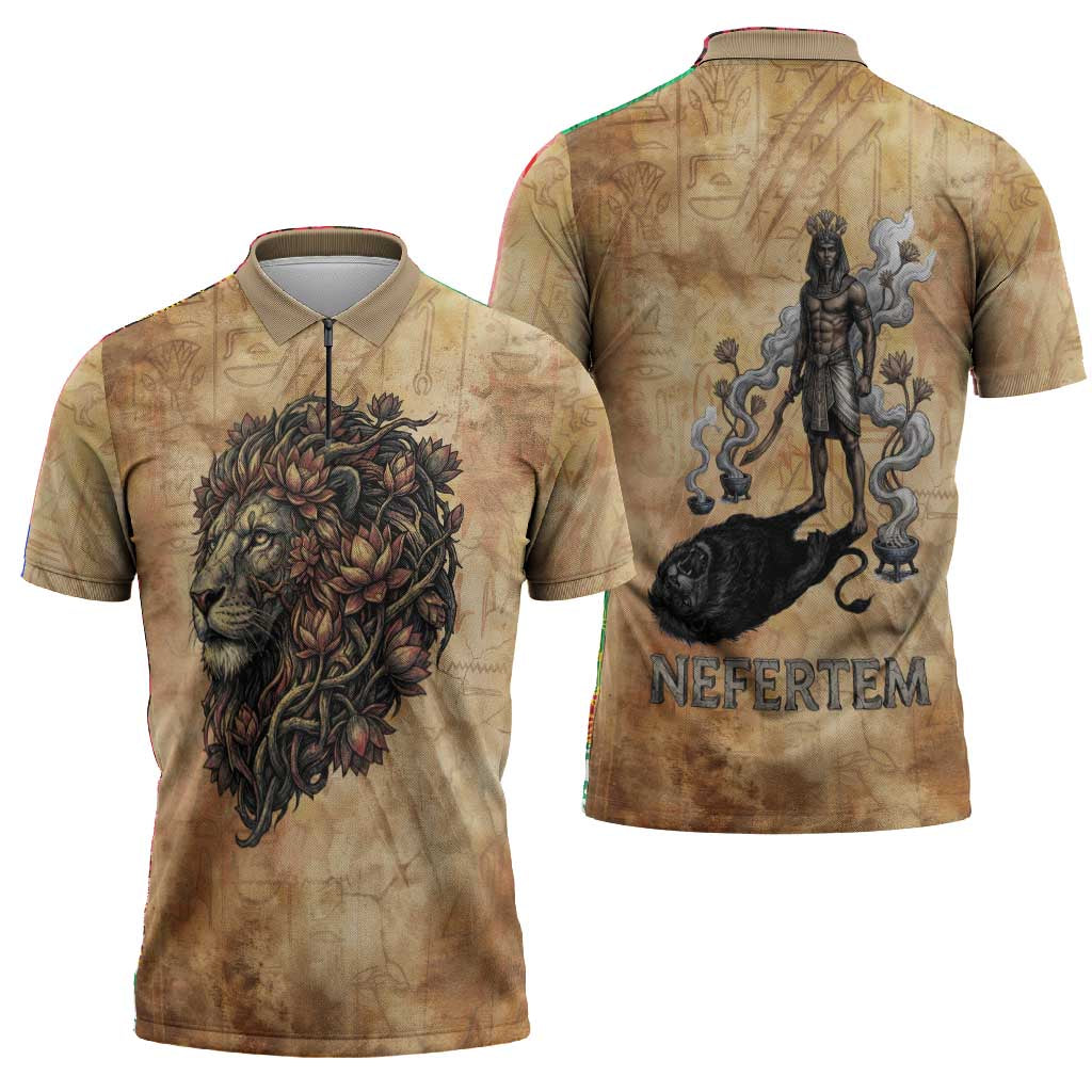 Nefertem Ancient Egyptian Zipper Polo Shirt Lion Head Lotus Flowers Incense Smoke Ancient
