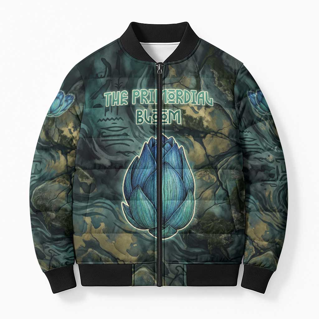 Nefertem Bomber Puffer Jacket Primordial Bloom Lotus Mystical Lion Cosmic Egyptian