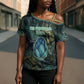 Nefertem Cross Shoulder Shirt Primordial Bloom Lotus Mystical Lion Cosmic Egyptian