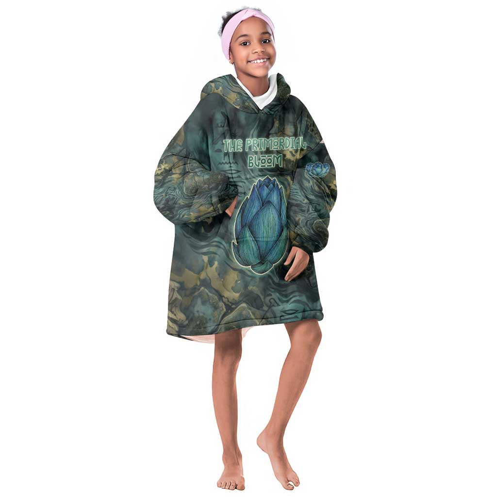 Nefertem Kid Wearable Blanket Hoodie Primordial Bloom Lotus Mystical Lion Cosmic Egyptian