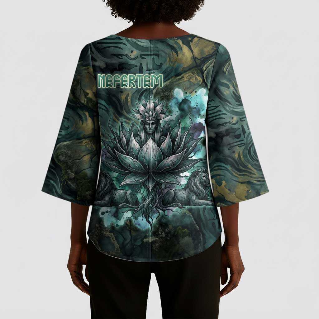 Nefertem Kimono Sleeve Blouse Primordial Bloom Lotus Mystical Lion Cosmic Egyptian
