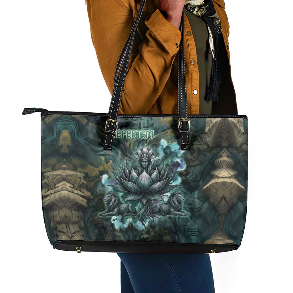 Nefertem Leather Tote Bag Primordial Bloom Lotus Mystical Lion Cosmic Egyptian