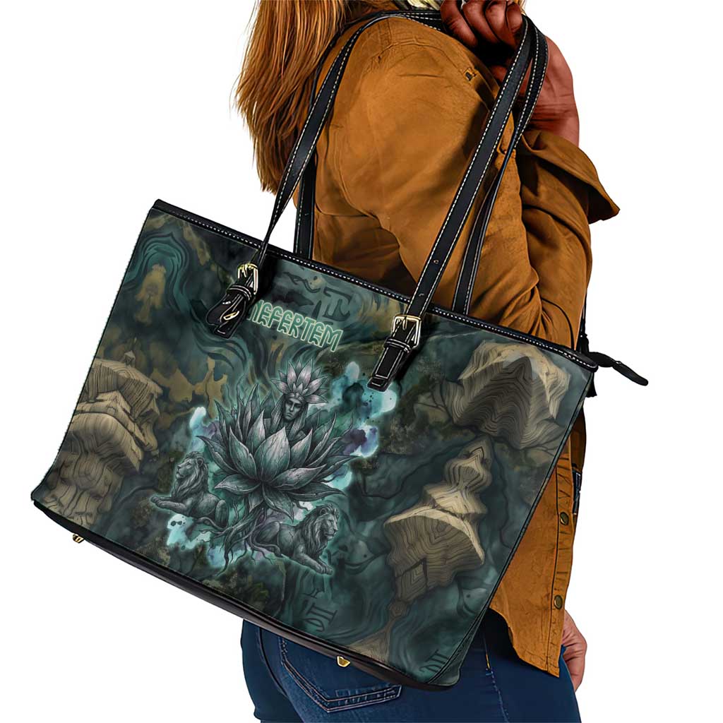 Nefertem Leather Tote Bag Primordial Bloom Lotus Mystical Lion Cosmic Egyptian