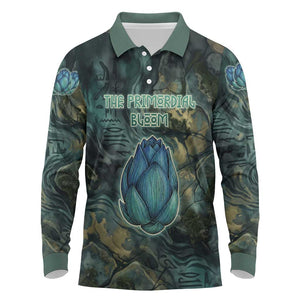 Nefertem Long Sleeve Polo Shirt Primordial Bloom Lotus Mystical Lion Cosmic Egyptian