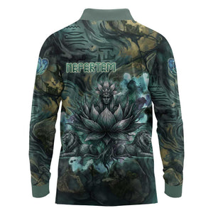 Nefertem Long Sleeve Polo Shirt Primordial Bloom Lotus Mystical Lion Cosmic Egyptian