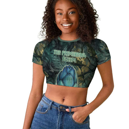Nefertem Raglan Cropped T shirt Primordial Bloom Lotus Mystical Lion Cosmic Egyptian