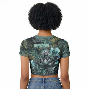 Nefertem Raglan Cropped T shirt Primordial Bloom Lotus Mystical Lion Cosmic Egyptian