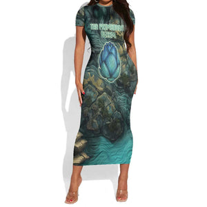 Nefertem Short Sleeve Bodycon Dress Primordial Bloom Lotus Mystical Lion Cosmic Egyptian