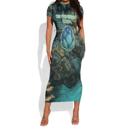 Nefertem Short Sleeve Bodycon Dress Primordial Bloom Lotus Mystical Lion Cosmic Egyptian