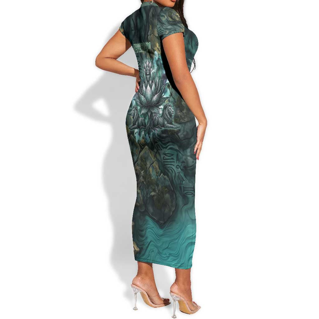 Nefertem Short Sleeve Bodycon Dress Primordial Bloom Lotus Mystical Lion Cosmic Egyptian