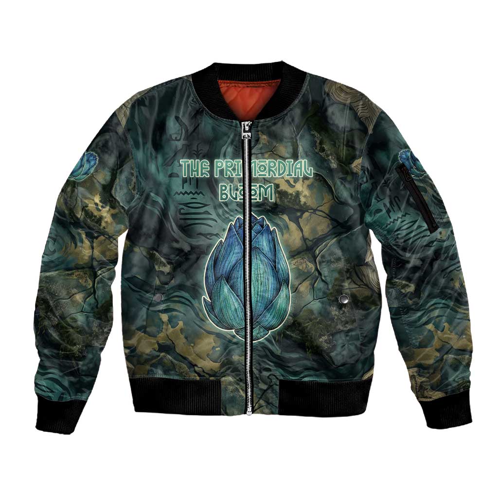 Nefertem Sleeve Zip Bomber Jacket Primordial Bloom Lotus Mystical Lion Cosmic Egyptian