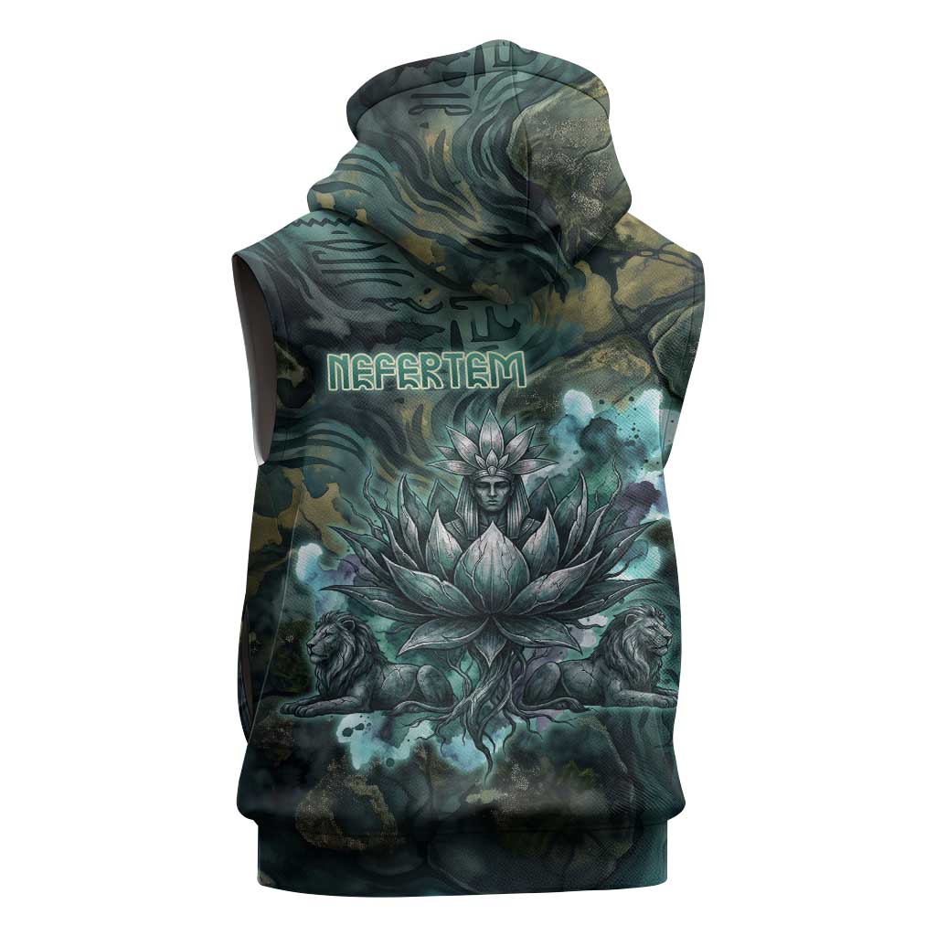 Nefertem Sleeveless Zip Hoodie Primordial Bloom Lotus Mystical Lion Cosmic Egyptian