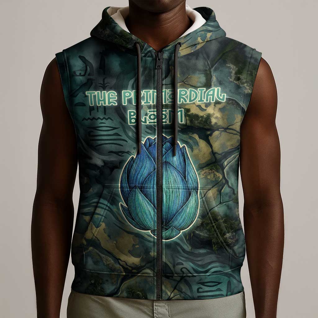 Nefertem Sleeveless Zip Hoodie Primordial Bloom Lotus Mystical Lion Cosmic Egyptian