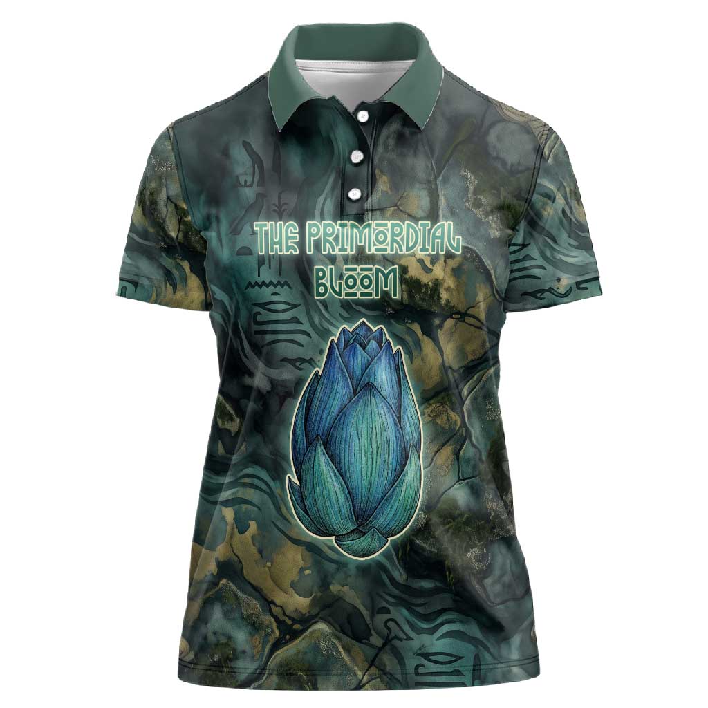 Nefertem Women Polo Shirt Primordial Bloom Lotus Mystical Lion Cosmic Egyptian
