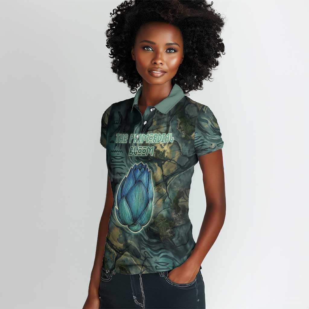 Nefertem Women Polo Shirt Primordial Bloom Lotus Mystical Lion Cosmic Egyptian