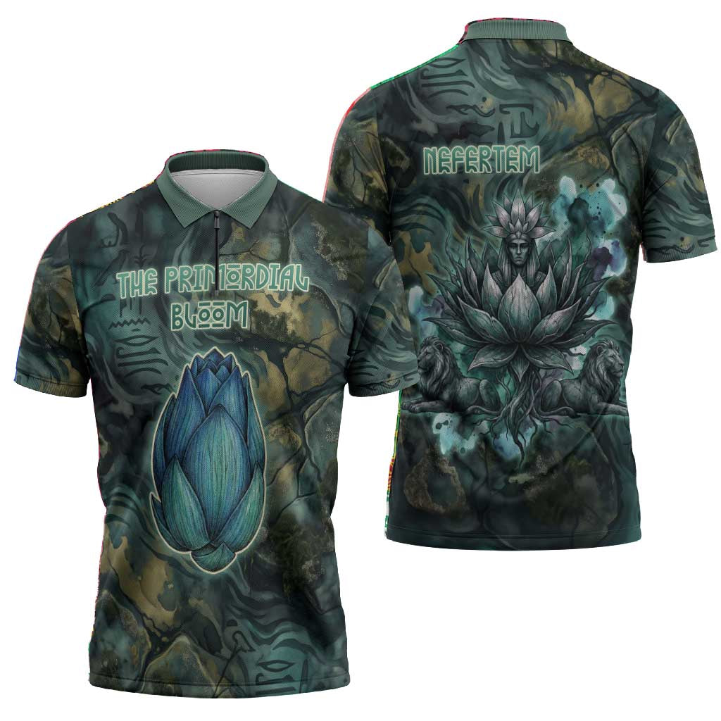 Nefertem Zipper Polo Shirt Primordial Bloom Lotus Mystical Lion Cosmic Egyptian