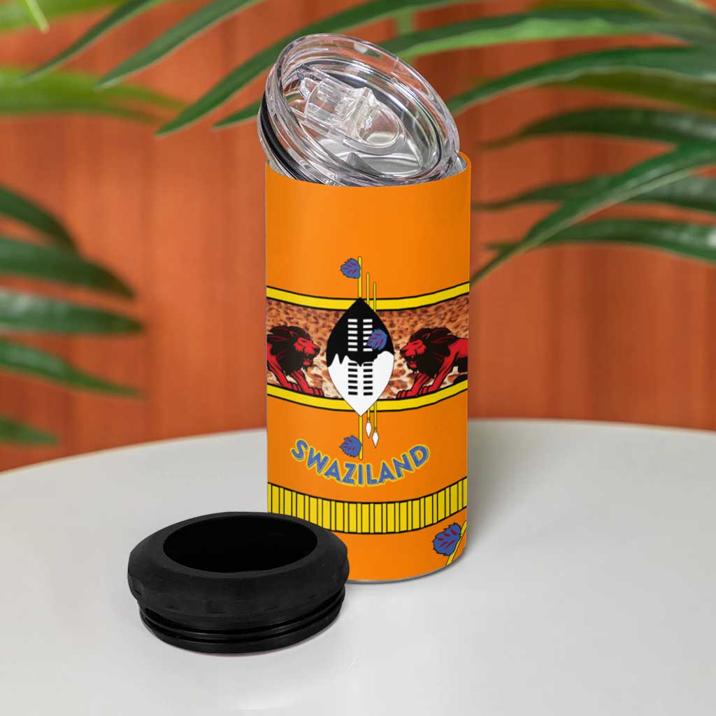 Swaziland Eswatini 4 in 1 Can Cooler Tumbler Lion Shield and Leopard Print Tribal Design