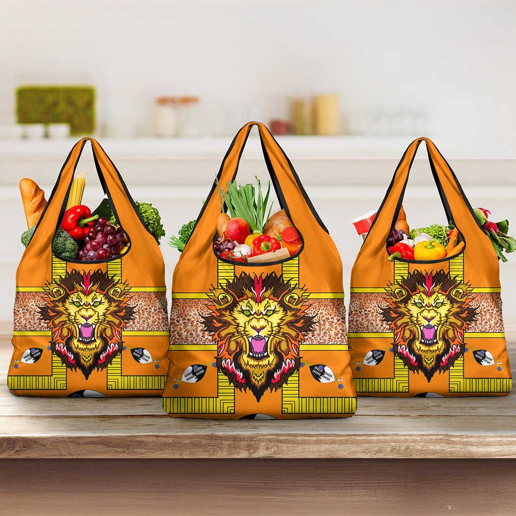 Swaziland Eswatini Grocery Bag Lion Shield and Leopard Print Tribal Design