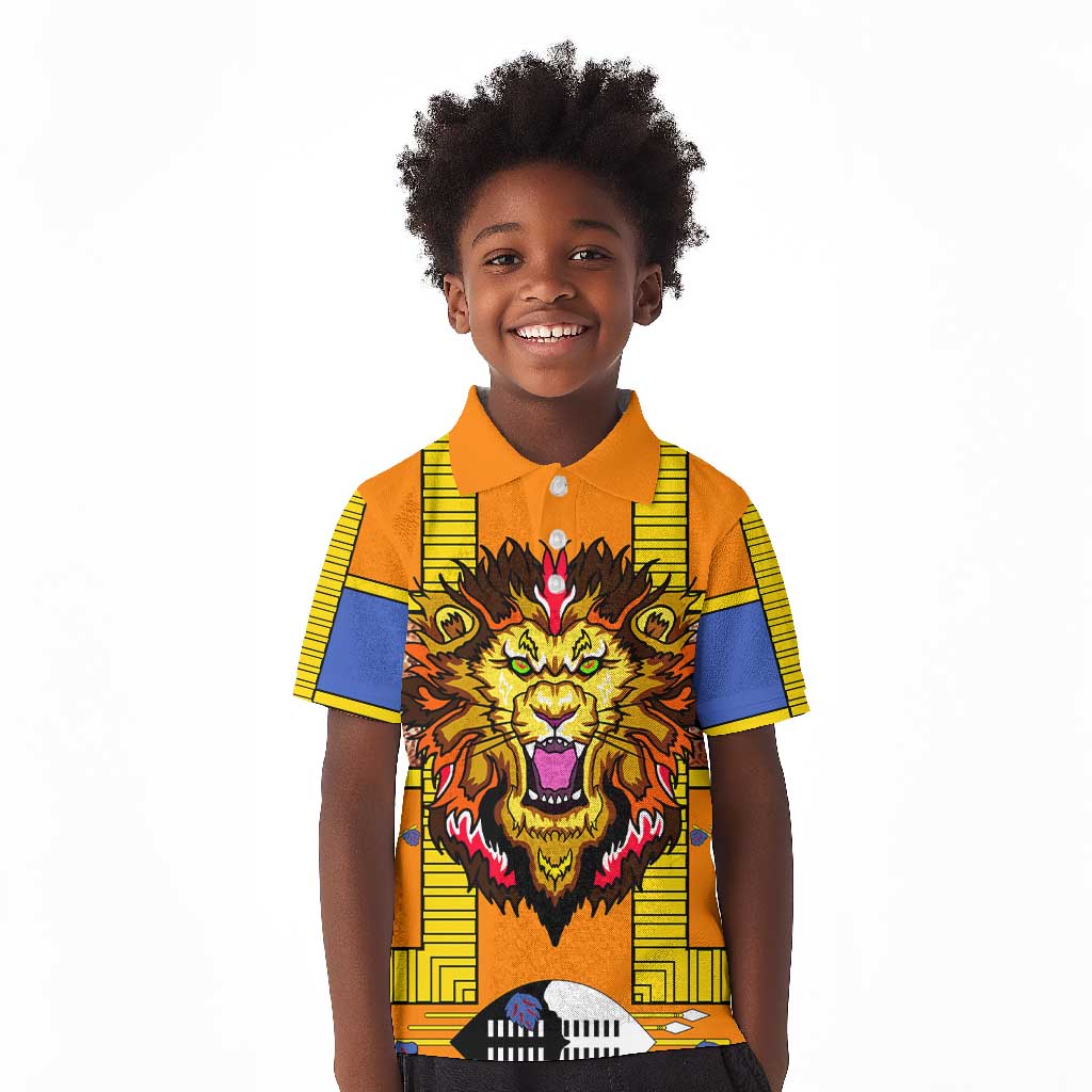 Swaziland Eswatini Kid Polo Shirt Lion Shield and Leopard Print Tribal Design