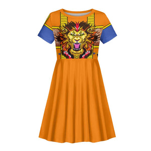 Swaziland Eswatini Kid Short Sleeve Dress Lion Shield and Leopard Print Tribal Design