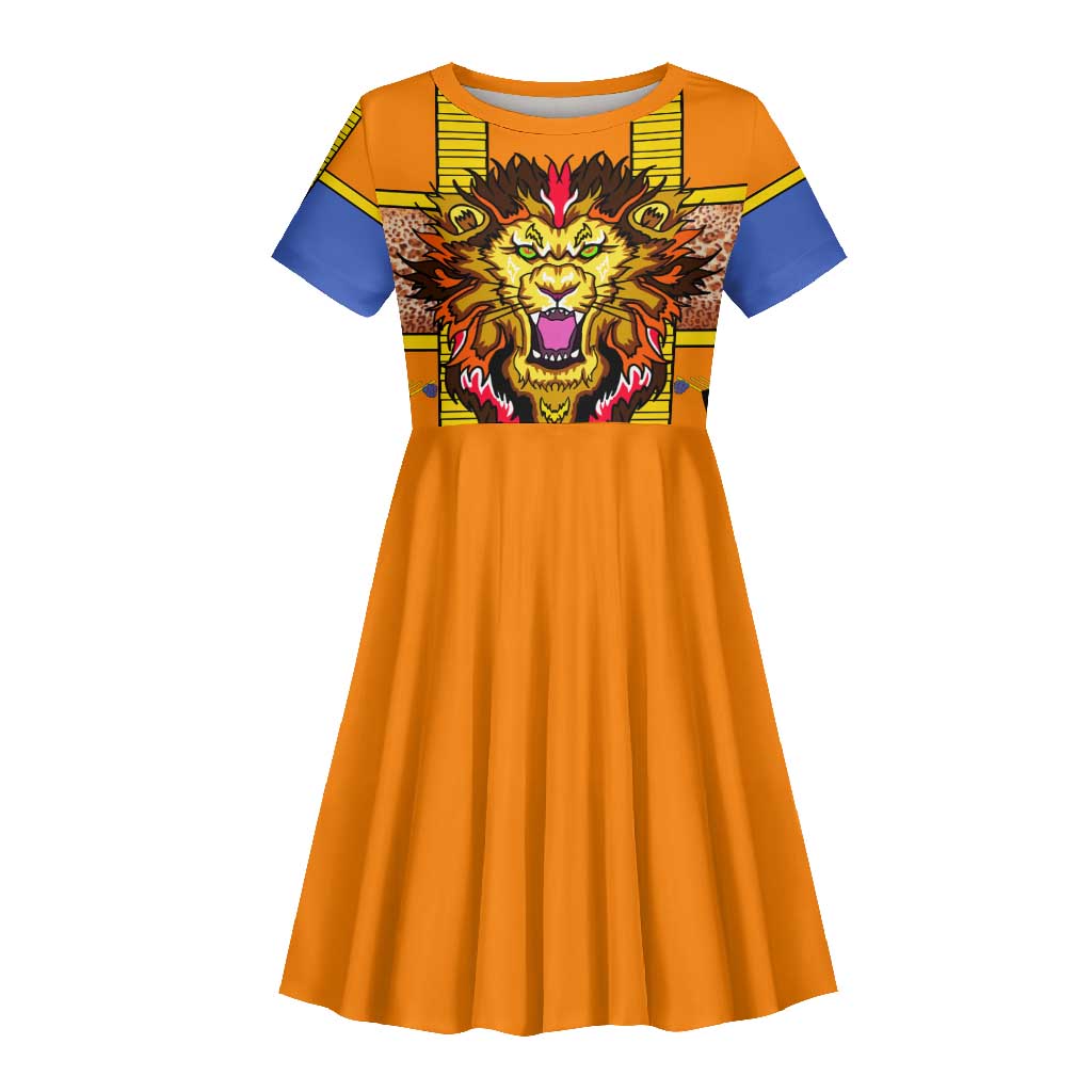 Swaziland Eswatini Kid Short Sleeve Dress Lion Shield and Leopard Print Tribal Design