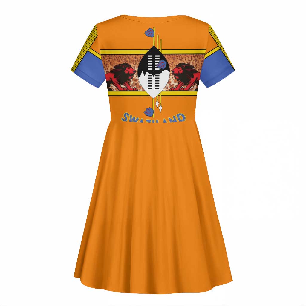 Swaziland Eswatini Kid Short Sleeve Dress Lion Shield and Leopard Print Tribal Design