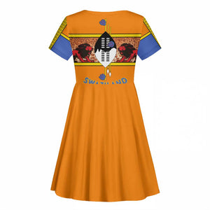 Swaziland Eswatini Kid Short Sleeve Dress Lion Shield and Leopard Print Tribal Design