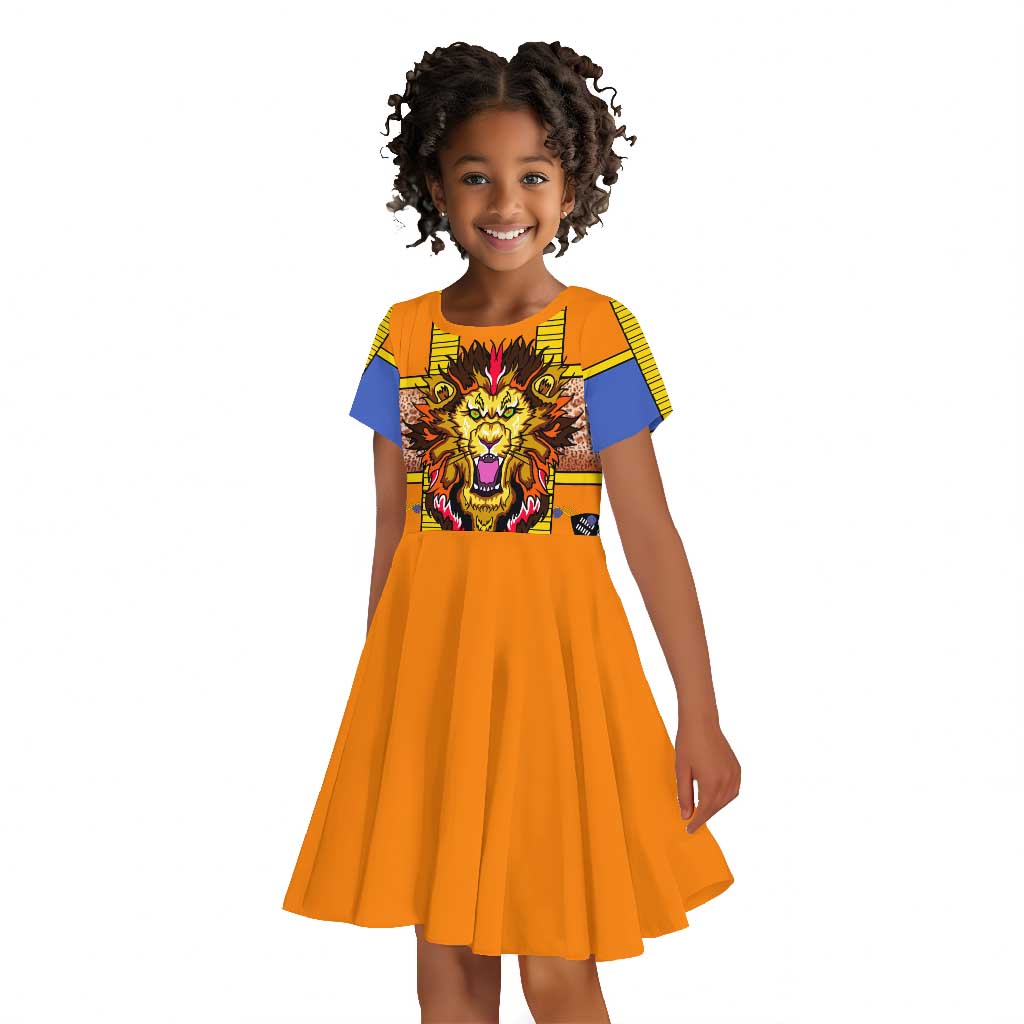Swaziland Eswatini Kid Short Sleeve Dress Lion Shield and Leopard Print Tribal Design