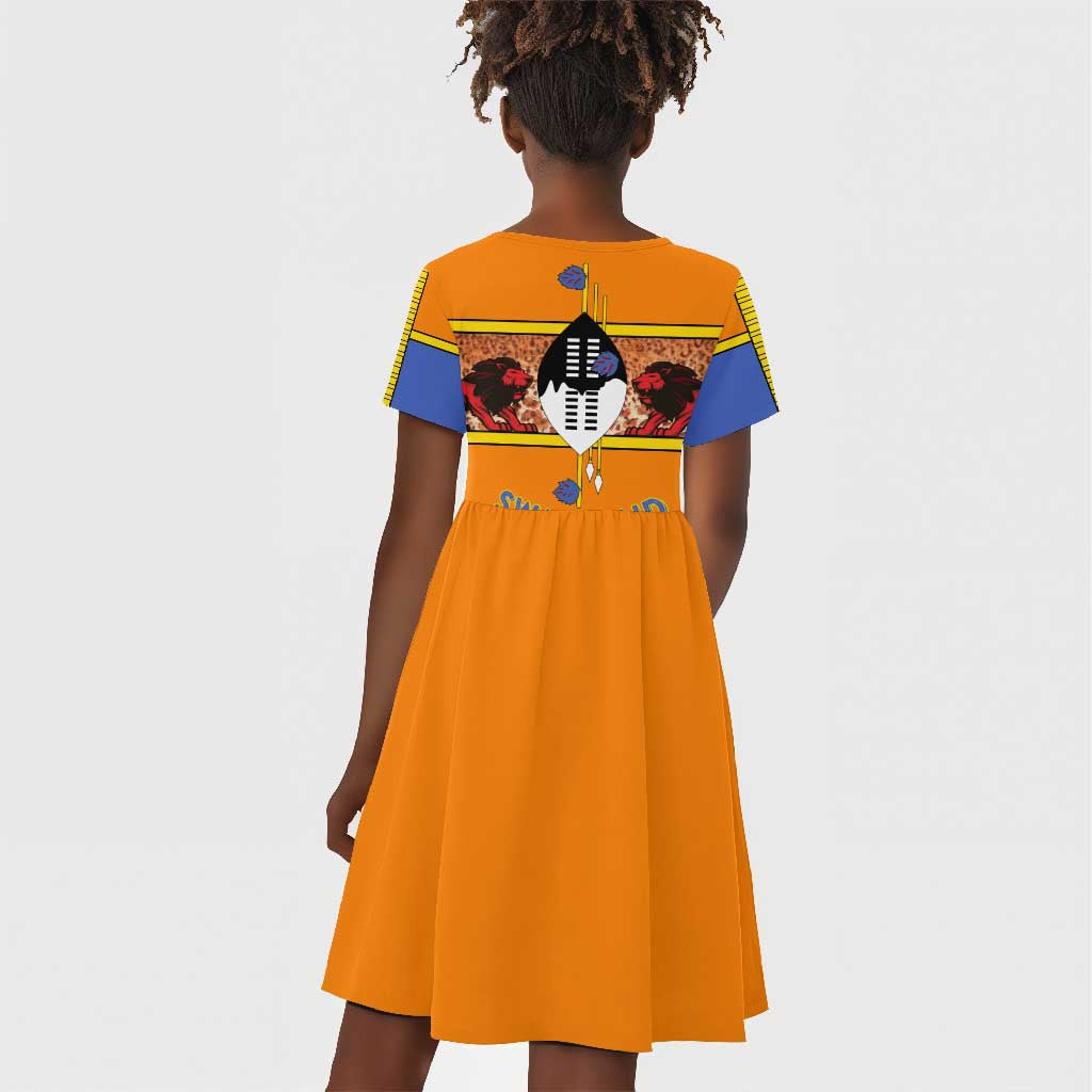 Swaziland Eswatini Kid Short Sleeve Dress Lion Shield and Leopard Print Tribal Design