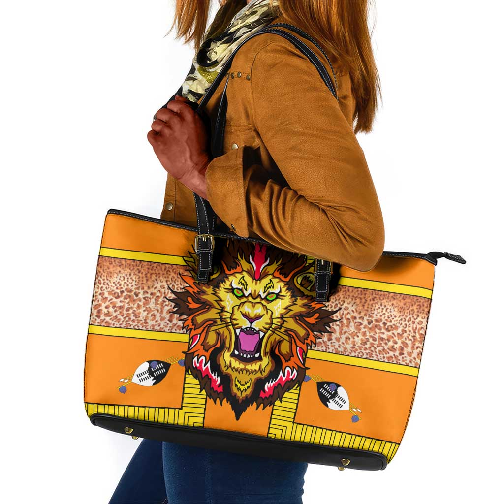 Swaziland Eswatini Leather Tote Bag Lion Shield and Leopard Print Tribal Design