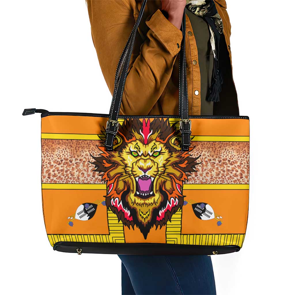 Swaziland Eswatini Leather Tote Bag Lion Shield and Leopard Print Tribal Design