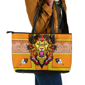 Swaziland Eswatini Leather Tote Bag Lion Shield and Leopard Print Tribal Design