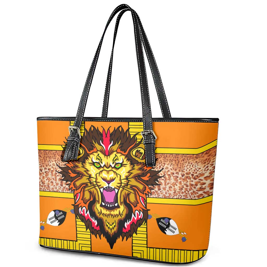 Swaziland Eswatini Leather Tote Bag Lion Shield and Leopard Print Tribal Design