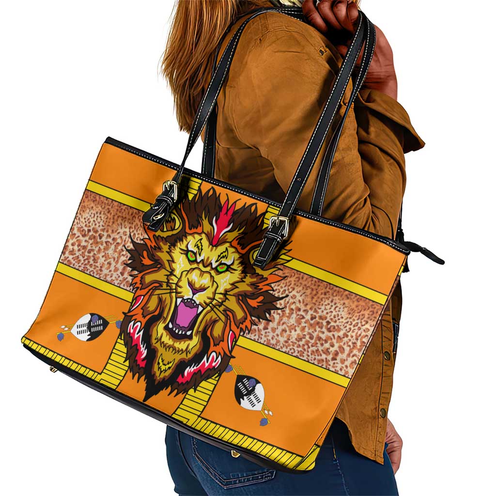 Swaziland Eswatini Leather Tote Bag Lion Shield and Leopard Print Tribal Design
