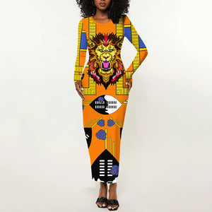 Swaziland Eswatini Long Sleeve Bodycon Dress Lion Shield and Leopard Print Tribal Design TS04