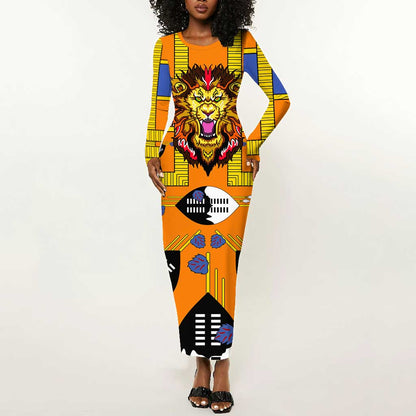 Swaziland Eswatini Long Sleeve Bodycon Dress Lion Shield and Leopard Print Tribal Design TS04