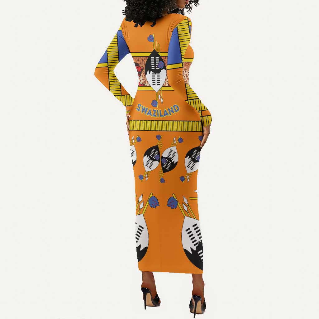 Swaziland Eswatini Long Sleeve Bodycon Dress Lion Shield and Leopard Print Tribal Design by AfricanPride Swaziland Eswatini Long Sleeve Bodycon Dress Lion Shield and Leopard Print Tribal Design by AfricanPride