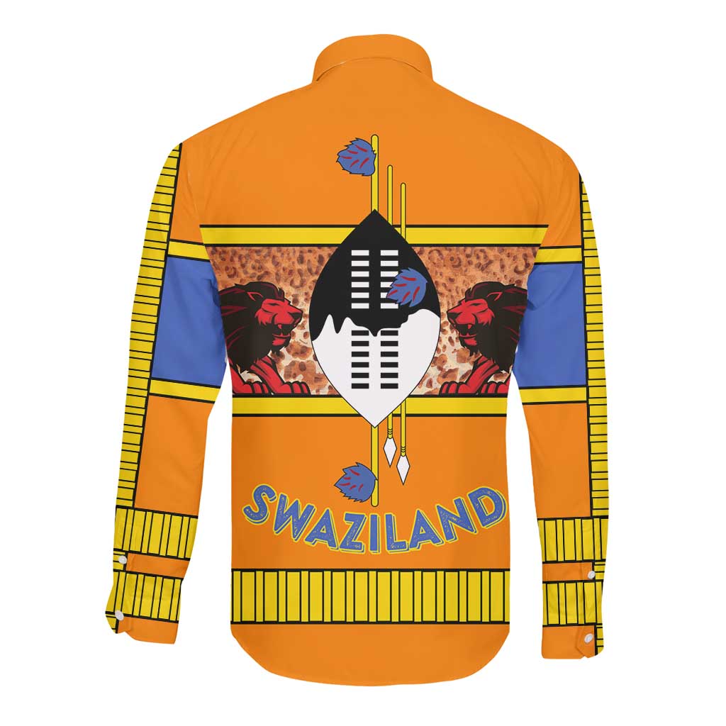 Swaziland Eswatini Long Sleeve Button Shirt Lion Shield and Leopard Print Tribal Design