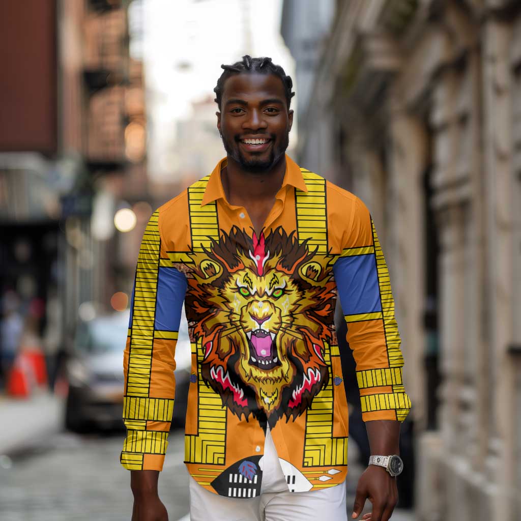Swaziland Eswatini Long Sleeve Button Shirt Lion Shield and Leopard Print Tribal Design