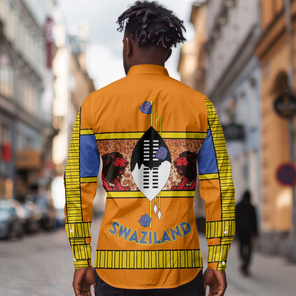 Swaziland Eswatini Long Sleeve Button Shirt Lion Shield and Leopard Print Tribal Design