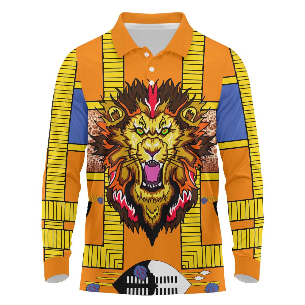 Swaziland Eswatini Long Sleeve Polo Shirt Lion Shield and Leopard Print Tribal Design