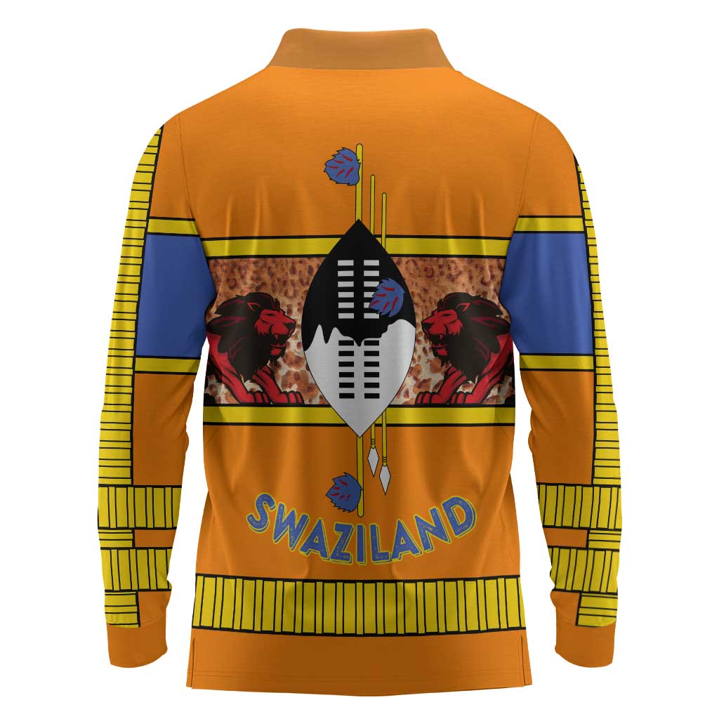 Swaziland Eswatini Long Sleeve Polo Shirt Lion Shield and Leopard Print Tribal Design