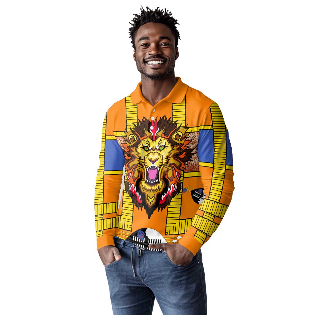 Swaziland Eswatini Long Sleeve Polo Shirt Lion Shield and Leopard Print Tribal Design