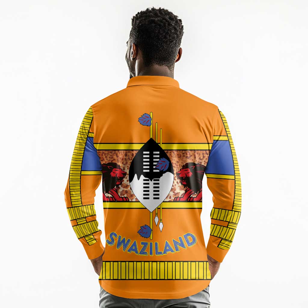 Swaziland Eswatini Long Sleeve Polo Shirt Lion Shield and Leopard Print Tribal Design